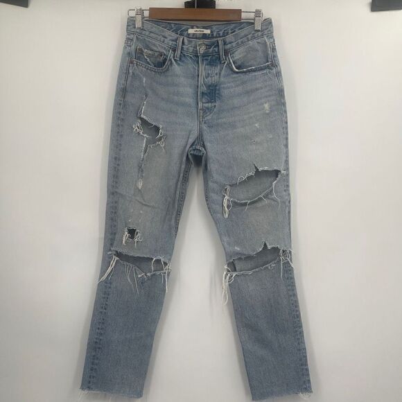 Grlfrnd Women's Karolina Heavily Distressed High Rise Tapered Blue Jeans Size 27 - Picture 1 of 10